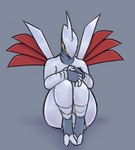 2022 anthro anthrofied atherol avian barely_visible_genitalia feathers feet generation_2_pokemon genitals girly gloves_(marking) grey_background grey_body grey_feathers knees_pulled_up leg_markings legs_together male markings metallic_body nintendo nude penis pokemon pokemon_(species) red_body red_feathers simple_background sitting skarmory socks_(marking) solo talons thick_thighs toes yellow_sclera