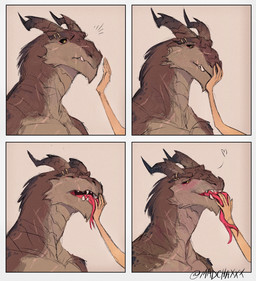 2_horns anthro black_sclera blush eyebrow_piercing facial_piercing forked_tongue hand_lick horn licking male piercing scales simple_background solo_focus tongue tongue_out madcha mythology dragon mythological_creature mythological_scalie scalie comic hi_res