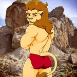 anthro biped brown_eyebrows brown_hair brown_mane brown_tail_tuft butt clothed clothing eyebrows fur grey_nose hair looking_at_viewer looking_back looking_back_at_viewer male mane mouth_closed muscular muscular_anthro muscular_male orange_eyes red_clothing red_speedo red_swimwear solo speedo speedo_only standing swimwear tail tail_tuft topless topless_anthro topless_male tuft yellow_body yellow_fur fabfelipe felid lion mammal pantherine 1:1 2018 digital_media_(artwork) hi_res portrait three-quarter_portrait