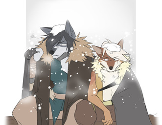 anthro armor bedding belt black_hair blanket bottomwear cloak clothing duo grumpy hair half-closed_eyes male narrowed_eyes pants scar sitting snow snowing white_hair xealacanth canid canine canis jackal mammal wolf hi_res