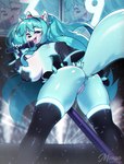 2019 anthro armwear big_breasts blue_body blue_eyes blue_fur blue_hair blush breasts butt canid canine chromapan clothed clothing confetti cosplay divafox electronics eyebrows fan_character female fox fur fur_markings genitals hair hatsune_miku hi_res holding_object japanese_idol legwear long_hair looking_at_viewer looking_back mammal markings microphone necktie no_underwear number one_eye_closed open_mouth pasties pigtails presenting presenting_hindquarters pussy shirt_collar solo stage teal_theme thigh_highs tongue upskirt vocaloid white_body white_fur wink zoom_layer