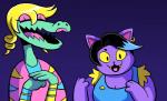 :3 anthro black_hair blonde_hair blue_hair breasts cleavage clothed clothing duo ear_piercing eyelashes female front_view fur hair lipstick looking_at_viewer makeup multicolored_hair open_mouth piercing pink_eyes purple_background purple_body purple_fur simple_background smile tongue two_tone_hair yellow_eyes greliz undertale undertale_(series) bratty_(undertale) catty_(undertale) crocodile crocodilian domestic_cat felid feline felis mammal reptile scalie 2015