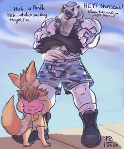anthro boots clothed clothing duo erection footwear fully_clothed male male/male shoes size_difference text mysticbust league_of_legends riot_games tencent volibear bear mammal yordle 5:6 absurd_res english_text hi_res