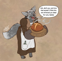 bread clothed clothing dialogue dress eyes_closed female food fur grey_body grey_fur happy headgear headwear open_mouth poison solo standing text blokfort canid canine fox mammal 2023 english_text hi_res sketch