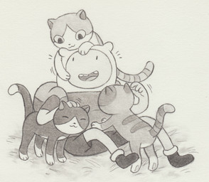 :3 ambiguous_gender backpack bottomwear clothing dot_eyes feral footwear group hat headgear headwear leg_markings male markings missing_tooth open_mouth paws shirt shoes shorts simple_eyes smile socks_(marking) tail teeth toony topwear lynxfurr adventure_time cartoon_network box_prince finn_the_human domestic_cat felid feline felis human mammal graphite_(artwork) hi_res traditional_media_(artwork)