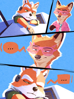 accessory anthro arwing blue_background blue_necktie clothing collared_shirt comic_panel countershading dialogue dress_shirt duo ellipsis eyewear fur glasses jacket judging looking_at_another male necktie orange_body orange_fur pink_clothing pink_eyewear pink_glasses pink_shirt pink_topwear red_scarf rolled_up_sleeves scarf shirt shutter_shades simple_background spacecraft speech_bubble stare toony topwear vehicle wearing_glasses oravert69522 disney nintendo star_fox the_super_mario_galaxy_movie zootopia fox_mccloud nick_wilde canid canine fox mammal red_fox true_fox 2026 3:4 absurd_res colored comic digital_drawing_(artwork) digital_media_(artwork) hi_res shaded