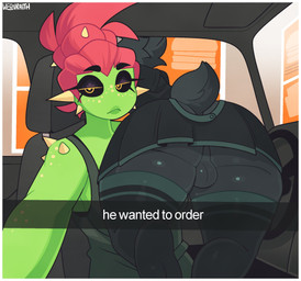 anthro balls black_body black_clothing black_fur black_tail bottomwear breasts butt cactus car car_interior clothing duo eyelashes eyeshadow female femboy fluffy freckles fur genitals glistening_eyelids green_body green_clothing hair inside_car inside_vehicle leggings legwear lidded_eyes lips makeup male narrowed_eyes plant red_hair skirt spikes spikes_(anatomy) stockings tail text vehicle yellow_body yellow_eyes conditional_dnp welwraith he_wants_to_order carne_(welwraith) hatia_(welwraith) elemental_creature elemental_humanoid flora_fauna humanoid nyctilian plant_humanoid digital_media_(artwork) english_text hi_res meme