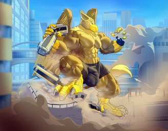 5_fingers abs anthro balls beak boxer_briefs brown_body building building_destruction bulge city city_background city_destruction cityscape claws clothed clothing destruction detailed_bulge feathered_wings feathers feet finger_claws fingerless_gloves fingers genitals gloves handwear house landscape_dwarfing legwear macro macro_anthro macro_male male muscular muscular_anthro muscular_male outside paws pecs penis rampage sky smile smoke solo tail toe_claws toes topless underwear vehicle vehicle_destruction vein veiny_penis wings javkiller mythology carpo avian gryphon mythological_avian mythological_creature 2018 hi_res