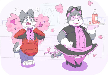 accessory anthro beverage blush bodily_fluids bow_(feature) bow_accessory bow_ribbon clothed clothing collar crossdressing dress fur furgonomics grey_body grey_fur hypnosis liquid maid_uniform male mind_control open_mouth overweight overweight_anthro overweight_male pink_clothing pink_dress pink_eyes plate ribbons simple_background smile solo sweat sweater tail tail_accessory tail_bow tail_ribbon topwear transformation transformation_sequence uniform weight_gain white_body white_fur intoxicat2 toxi domestic_cat felid feline felis mammal 2017 digital_media_(artwork) hi_res sequence