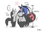 6_breasts accessory anthro blue_hair bodily_fluids breasts chibi curvy_figure duo ellipsis eye_contact female fur furgonomics grey_body grey_fur hair highlights_(coloring) kemono larger_female level_difference level_number looking_at_another male multi_breast nude o_o red_eyes ribbons simple_background size_difference smaller_male sweat sweatdrop tail tail_accessory tail_ribbon text thinking thought_bubble thoughtful_expression voluptuous white_background wide_hips yellow_sclera ymbk nintendo pokemon dawn_(pokemon) dawn_(ymbk) canid canine generation_3_pokemon mammal mightyena pokemon_(species) 2014 japanese_text translation_request