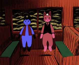 3_toes anthro bicolored_fur black_clothing black_hair blue_body blue_fur clothed clothing dipstick_tail duo feet floating fur gloves_(marking) hair inside_train leg_markings male male/male markings pawpads pink_body pink_fur red_clothing seat shadow socks_(marking) spinning tail tail_markings toes whiskers window young young_anthro boarboy hiroshi_masumura kenji_miyazawa night_on_the_galactic_railroad campanella giovanni_(notgr) domestic_cat felid feline felis mammal 2024 animated hi_res