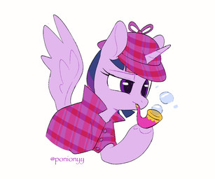 bubble bubble_pipe clothing female feral hooves horn inquisitive looking_aside pattern_clothing pattern_shirt pattern_topwear plaid plaid_clothing plaid_shirt plaid_topwear shirt simple_background solo topwear underhoof wings sion_(artist) friendship_is_magic hasbro my_little_pony mythology sherlock_holmes twilight_sparkle_(mlp) equid equine mammal mythological_creature mythological_equine winged_unicorn