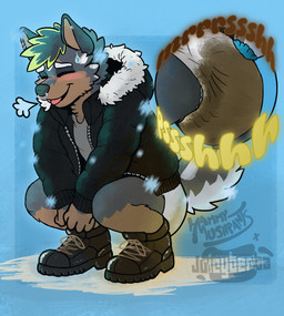 anthro bent_legs blush bodily_fluids boots brown_body brown_fur clothed clothing crouching diaper feces footwear fur genital_fluids grey_body grey_fur male multicolored_body multicolored_fur outside pooping shoelaces shoes soiled_diaper soiling solo sound_effects sweat sweatdrop tail three-quarter_view tongue two_tone_body two_tone_fur unclean_diaper unzipped_jacket urine used_diaper wearing_diaper winter winter_boots winter_coat hammymushpants canid canine canis domestic_dog mammal wolf 2026 hi_res