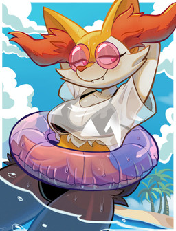 anthro big_ears bikini black_bikini black_clothing black_swimwear breasts cheek_tuft clothing crop_top cute_fangs eyewear facial_tuft fangs female female_anthro fur inflatable inner_ear_fluff inner_tube partially_submerged shirt smile solo sunglasses swimwear teeth topwear translucent translucent_clothing translucent_shirt translucent_topwear tuft two-piece_swimsuit water wet yellow_body yellow_fur wolfang_fh nintendo pokemon braixen canid generation_6_pokemon mammal pokemon_(species) absurd_res hi_res
