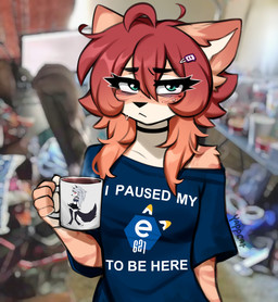 anthro beverage black_nose blush blush_lines bodily_fluids choker clothed clothing coffe_mug coffee e621_logo eye_bags eyebrows female freckled_face freckles gradient_hair green_eyes hair half-closed_eyes jewelry looking_at_viewer makeup mascara messy_room narrowed_eyes necklace off_shoulder oversized_clothing oversized_topwear pouting red_hair shirt solo sweat sweatdrop t-shirt text topwear yappcat e621 hellaverse helluva_boss meme_clothing twitch.tv loona_(helluva_boss) yumi_(catniplewds) domestic_cat felid feline felis mammal english_text hi_res meme