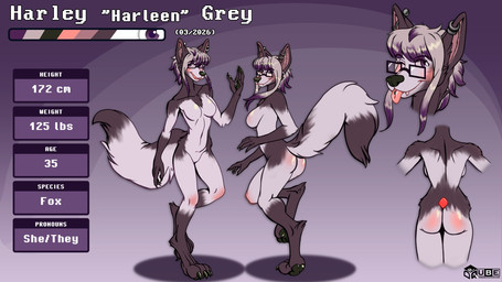abstract_background anthro black_body black_fur digitigrade ear_piercing eyewear female front_view fur gesture glasses hair multicolored_body multicolored_fur pawpads piercing rear_view safe_nudity short_hair smile smiling_at_viewer text tongue tongue_out tongue_piercing waving waving_at_viewer white_body white_fur drqube canid canine fox mammal 16:9 english_text headshot_portrait hi_res model_sheet portrait widescreen