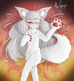 anthro bed bodily_fluids cum cum_on_body cum_on_eye cum_on_face embarrassed female flat_chested fur furniture genital_fluids hair long_hair on_bed pawpads red_eyes solo tail white_body white_fur young young_female maxhappy angry_fox_(maxhappy) canid canine fox mammal absurd_res hi_res
