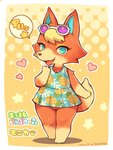 abstract_background anthro blonde_hair blue_eyes bottomless chibi clothed clothing dress eyewear eyewear_on_head female food_print fur hair heart_symbol kemono looking_at_viewer open_mouth open_smile orange_body orange_fur paws smile solo speech_bubble sunglasses sunglasses_on_head text shigatake animal_crossing nintendo audie_(animal_crossing) canid canine canis mammal wolf 2020 3:4 japanese_text signature translation_request