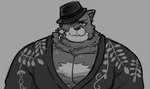 anthro body_hair chest_hair clothing crescent_moon dark_clothing hat headgear headwear male moon muscular muscular_male neck_tuft one_eye_obstructed solo tuft dynogreeno vtuber bear mammal ursine absurd_res hi_res monochrome