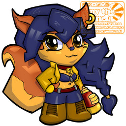 anthro belt blaster blue_hair boots bottomwear braided_hair breasts brown_eyes chibi cleavage clothed clothing collar denim denim_bottomwear denim_clothing ear_piercing ear_ring female footwear fur gloves gun hair hand_on_hip handwear holding_object holding_weapon jeans looking_at_viewer markings mole_(marking) navel orange_body orange_fur pants piercing police police_badge ranged_weapon ring_piercing shoes solo tan_body tan_fur weapon zipper amytheranda sly_cooper_(series) sony_corporation sony_interactive_entertainment sucker_punch_productions carmelita_fox canid canine fox mammal 1:1 2026 hi_res watermark