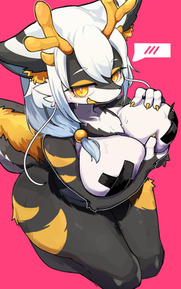 accessory anthro big_breasts bodily_fluids breasts censored_nipples fangs female female_anthro fluffy_ears fur fur_tuft hair hair_accessory hair_between_eyes holding_own_breasts horn kneeling long_hair looking_at_viewer open_mouth pink_background ponytail seiza simple_background sitting solo striped_body striped_fur stripes sweat tail teeth tuft white_hair yellow_eyes tofffffu mythology dragon mythological_creature mythological_scalie scalie absurd_res censored hi_res
