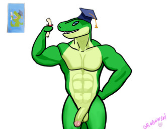 abs anthro blue_eyes clothing diploma erection genitals green_body green_scales hat headgear headwear holding_object humanoid_genitalia humanoid_penis male muscular muscular_male penis reference_inset scales simple_background solo square_academic_cap white_background grobowski dinosaur prehistoric_species reptile scalie absurd_res digital_media_(artwork) hi_res