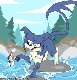 ambiguous_gender black_nose blue_body blue_markings claws countershade_face countershade_torso countershading day duo evergreen_tree feral forest larger_feral leg_markings legless looking_at_another markings multicolored_body open_mouth outside pawpads pine_tree plant quadruped size_difference smaller_feral socks_(marking) teeth tongue tree two_tone_body wet white_body white_countershading white_markings fuf nintendo pokemon aquatic fish generation_5_pokemon pokemon_(species) purrloin hi_res