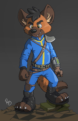 anthro black_clothing black_footwear black_hair black_shoes brown_body brown_fur clothed clothing fangs footwear front_view fur hair logo male male_anthro mouth_closed orange_body orange_fur shoes short_hair solo standing teeth vault_suit yellow_eyes young young_anthro young_male pandapaco fallout microsoft hyena mammal artist_logo full-length_portrait portrait signature