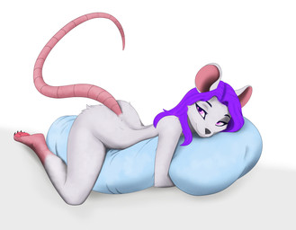 anthro biped female grey_body hair hug hugging_object hugging_pillow long_hair looking_at_viewer lying lying_on_pillow mouse_tail pillow purple_hair solo red_the_kitsune mammal mouse murid murine rodent 2026 absurd_res digital_media_(artwork) full-length_portrait hi_res portrait shaded watermark