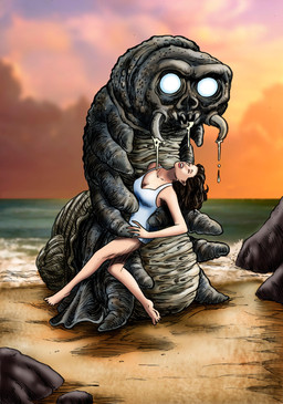 4_fingers 5_toes ambiguous_gender barefoot beach bodily_fluids brown_hair digital_coloring drooling duo evening eyes_closed feet female fingers glowing glowing_eyes grey_body grey_skin hair holding_another holding_someone lips multi_arm multi_limb open_mouth orange_clouds pink_lips prehistoric rock saliva sand science_fiction sea sharp_teeth size_difference teeth teratophilia toes tusks water white_one-piece_swimsuit loneanimator the_monster_that_challenged_the_world_(1957) human mammal mollusk monster 2016 digital_drawing_(artwork) digital_media_(artwork) english_description hi_res traditional_media_(artwork)