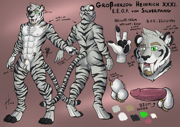 amputated_fingers animal_genitalia anthro balls big_fangs black_pawpads blind_eye chest_tuft ear_piercing eye_patch eye_scar eyewear facial_scar fangs fingerpads front_view fur furgonomic_piercing furgonomics gauged_ear genital_piercing genitals green_eyes grey_body grey_fur humanoid_genitalia humanoid_penis hybrid_genitalia hybrid_penis leg_scar male male_anthro markings muscular muscular_anthro muscular_male notched_ear nude open_mouth pawpads penile_spines penis penis_tip piercing rear_view red_penis ring_piercing scar sheath sheath_piercing sheath_ring shoulder_scar simple_background solo standing striped_arms striped_back striped_body striped_fur striped_legs striped_markings striped_neck striped_tail stripes tail tail_markings teeth tuft white_balls white_body white_fur hufnaar felid mammal pantherine tiger 2018 dated model_sheet