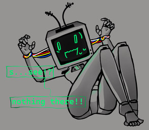 antenna_wire bodily_fluids bound breasts dialogue featureless_breasts featureless_crotch feet female for_a_head hands_tied joints lying machine nervous nervous_smile null on_back restrained screen screen_face simple_coloring small_breasts solo sweat sweatdrop toes wire wire_play ghoulshoot humanoid object_head robot robot_humanoid screen_head cel_shading partially_colored shaded spot_color