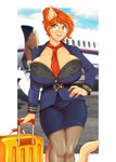 5_fingers aircraft airplane anthro big_breasts bra breasts clothed clothing eyewear female fingers flight_attendant glasses green_eyes hair hand_on_hip huge_breasts inner_ear_fluff looking_at_viewer necktie open_mouth open_smile orange_hair round_glasses smile solo suitcase tail tuft underwear vehicle wearing_glasses galacticmichi katrina_fowler domestic_cat felid feline felis mammal 2024 digital_media_(artwork)