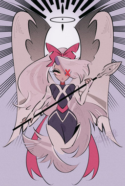 aureola black_halo boots bow_(feature) bow_on_head bow_ribbon clothed clothing eye_patch eyewear feathered_wings feathers female fingerless_gloves footwear gloves hair halo handwear highlights_(coloring) markings melee_weapon not_furry pink_bow polearm ribbon_around_neck ribbon_around_waist ribbons shoes solo spear weapon white_body white_boots white_clothing white_feathers white_fingerless_gloves white_footwear white_gloves white_hair white_handwear white_wings wing_markings wings x_symbol yasutak1192 hazbin_hotel hellaverse vaggi_(hazbin_hotel) angel angel_humanoid fallen_angel humanoid absurd_res hi_res