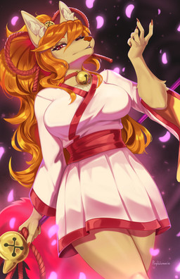 5_fingers anthro biped breasts clothed clothed_anthro clothed_female clothing female fingers front_view fur hair holding_object looking_at_viewer orange_hair pink_tail red_eyes solo standing tail purplelemons undertale_(series) undertale_yellow ceroba_ketsukane canid canine fox mammal 2025 digital_drawing_(artwork) digital_media_(artwork) hi_res