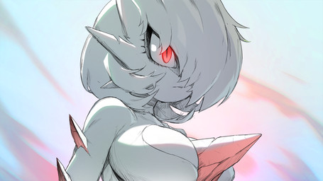 breasts chest_spike clothed clothing female hair hair_over_eye iris not_furry one_eye_obstructed pupils red_body red_eyes solo spikes spikes_(anatomy) white_body white_breasts drunk_oak nintendo pokemon gardevoir generation_3_pokemon humanoid pokemon_(species) 16:9 2022 hi_res widescreen