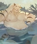 anthro biped black_bottomwear black_clothing black_shorts bottomwear clothed clothing eyes_closed fur male nipples overweight overweight_anthro overweight_male partially_submerged pecs pink_nipples shirtless_anthro shirtless_male shorts shorts_only smile smiling_at_viewer solo swimming_pool topless white_body white_fur oslomanl remember_the_flowers axel_(remember_the_flowers) felid mammal pantherine tiger 2024 absurd_res hi_res