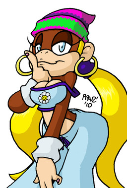 anthro breasts clothing ear_piercing ear_ring female hair hat headgear headwear hoop_ear_ring jewelry long_hair midriff piercing pigtails ring_piercing simple_background solo white_background wide_hips y2k_(fashion) praiz donkey_kong_(series) nintendo tiny_kong haplorhine kong mammal monkey primate digital_media_(artwork) low_res