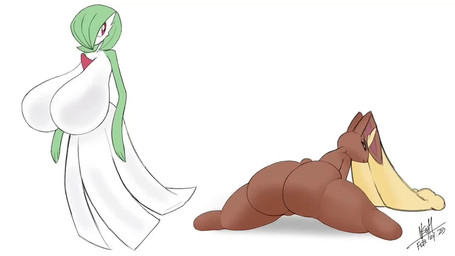 anthro big_breasts big_butt breasts brown_body butt chest_spike featureless_breasts featureless_crotch female green_body huge_breasts huge_butt hyper hyper_breasts hyper_butt long_ears pseudo_clothing pseudo_hair red_eyes shaking_butt solo spikes spikes_(anatomy) text white_body notsafe4marcus nintendo pokemon gardevoir generation_3_pokemon generation_4_pokemon humanoid lopunny pokemon_(species) 16:9 2025 animated no_sound short_playtime signature video widescreen