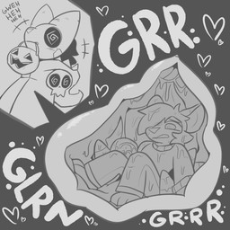 ambiguous_gender anthro anthro_pred anthro_prey candy candy_bucket dessert digestion duo food heart_symbol holding_object_in_mouth inside_stomach internal mask onomatopoeia organs rumbling_stomach soft_vore sound_effects spiral spiral_eyes stomach text vore jaybat11 hallow_(jaybat11) domestic_cat felid feline felis ghost mammal spirit 1:1 digital_drawing_(artwork) digital_media_(artwork) greyscale hi_res monochrome
