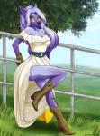 anthro black_nose boots breasts clothing day detailed_background female footwear fur gloves grass hair handwear high_heeled_boots high_heels outside plant purple_body purple_fur purple_hair shoes sky solo yellow_eyes silvermoonfox canid canine fox mammal 2019 digital_media_(artwork)