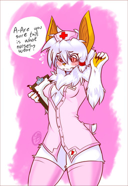 4_fingers anthro blush bodily_fluids breasts claws clipboard clothing dialogue dress embarrassed eyelashes female fingers flying_sweatdrops fur hair hat headgear headwear holding_clipboard holding_object legwear looking_down name_tag nipple_outline nurse nurse_clothing nurse_dress nurse_hat nurse_headwear nurse_uniform paper question red_cross red_eyes simple_background small_breasts solo speech_bubble standing stuttering sweat sweatdrop teeth text thigh_highs uniform white_body white_fur white_hair yellow_nose potato_(artist) snow_(oneboredpotato) bat honduran_white_bat leaf-nosed_bat mammal microbat yangochiropteran 2016 absurd_res digital_media_(artwork) english_text hi_res shaded