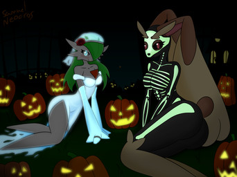 anthro bodysuit bone clothing costume dress duo female food fruit glowing holidays jack-o'-lantern plant pumpkin skeleton skinsuit tight_clothing samuel-neocros halloween nintendo pokemon gardevoir generation_3_pokemon generation_4_pokemon ghost humanoid lopunny pokemon_(species) spirit