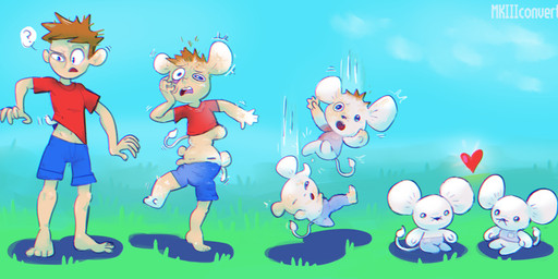 anthro barefoot bottomwear brown_hair clothing duo ear_expansion expansion feet grass growth hair heart_symbol human_to_anthro male mitosis multi_self open_mouth plant red_clothing red_shirt red_topwear shirt shorts shrinking simple_eyes size_transformation species_transformation splitting standing surprised tail tail_growth topwear transformation transformation_sequence white_body mkiiiconvertible nintendo pokemon generation_9_pokemon human mammal murid pokemon_(species) rodent tandemaus 2023 digital_media_(artwork) hi_res sequence