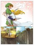 :> blonde_hair blue_eyes border brown_hair clothing drop duo falling female green_clothing green_headwear hair headgear headwear hug humor killing male not_furry smile what white_border why alderion-al nintendo skyward_sword the_legend_of_zelda link princess_zelda humanoid hylian comic hi_res