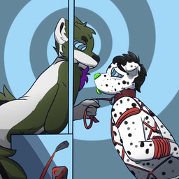 abstract_background anthro arms_tied bdsm black_body black_fur bondage bound chest_tuft collar crouching dominant duo embarrassed floppy_ears fur green_body green_fur grin hair hands_tied holding_leash holding_object hypnosis kneeling leash leash_pull male male/male markings mind_control naughty_face nude paddle purple_body purple_fur restraints riding_crop ringed_eyes rope rope_bondage rope_harness smile spiral_background spots spotted_body spotted_fur submissive submissive_male tongue tongue_out tuft whip white_body white_fur akumakanji fossilbrand nahmii canid canine canis dalmatian domestic_dog mammal wolf 1:1 2018 digital_media_(artwork) shaded