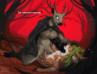 anthro antlers big_breasts bodily_fluids breasts brown_body cloak clothing duo erection eyewear female female_penetrated fingers fur genital_fluids genitals glasses glowing glowing_eyes green_hair hair horn humanoid_genitalia male male/female male_penetrating nipples nude penetration penile penis sex text thick_thighs vaginal vulva conditional_dnp xnirox spooky's_jump_scare_mansion djpeatz_(character) specimen_8 deer mammal english_text