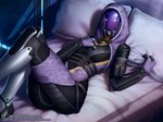 armor bed bedroom belt bodysuit breasts butt clothing female furniture gloves glowing glowing_eyes greaves handwear headgear helmet hood inside looking_at_viewer lying on_bed pillow pillow_grab pose skinsuit solo space text tight_clothing wide_hips window themaestronoob bioware electronic_arts mass_effect tali'zorah alien humanoid quarian 2018 4:3 dated digital_media_(artwork) pinup url watermark