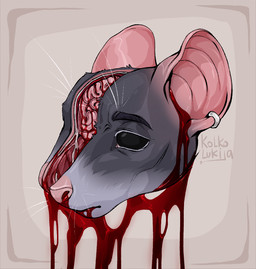 anthro bisected bisected_skull blood bodily_fluids bone brain_matter corpse death decapitation exposed_bone exposed_muscle gore male piercing scratch severed_body_part severed_head simple_background solo tan_background wounded kolkolukija aaron_d'verse mammal murid murine rat rodent headshot_portrait portrait