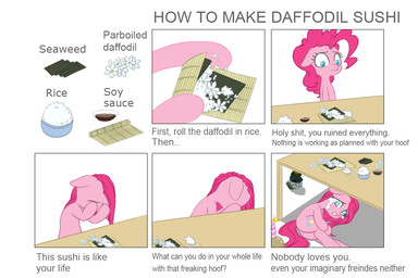 blue_eyes bodily_fluids cooking covering covering_face crying cutie_mark female feral food fur hair lying on_side pink_body pink_fur pink_hair rice rock sad simple_background solo standing sushi tears text under_table white_background wookylee friendship_is_magic hasbro my_little_pony pinkie_pie_(mlp) earth_pony equid equine horse mammal pony 2016 3:2 comic english_text meme